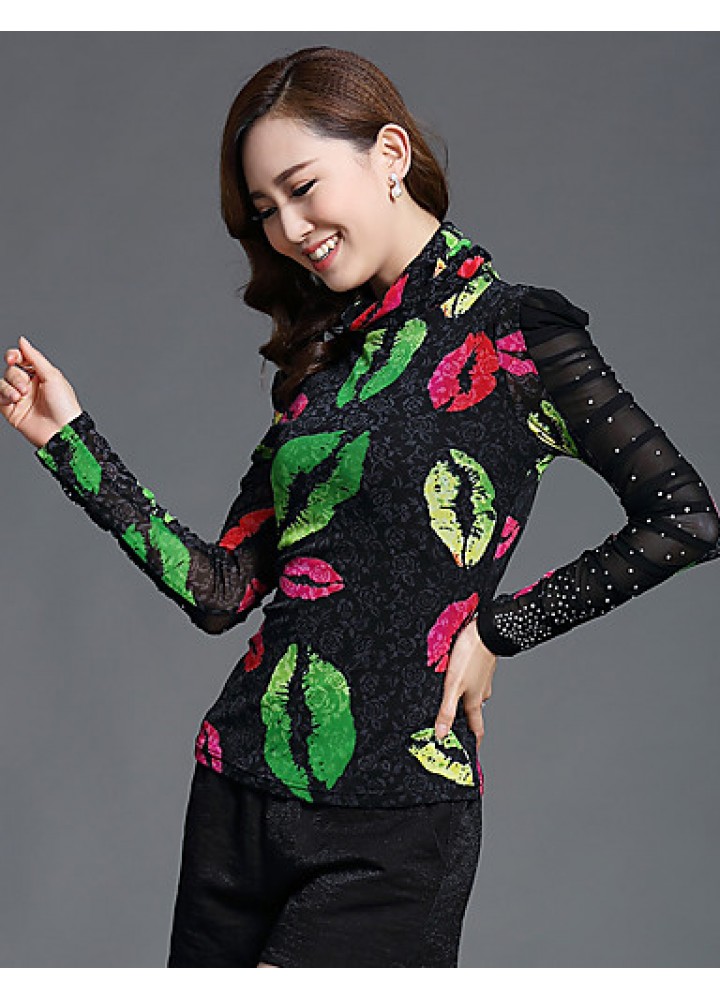 Fall Spring Going out Casual Plus Size Women's Tops Turtleneck Long Sleeve Printing Slim Blouse Black