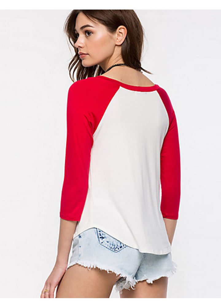 Women's Casual/Daily Street chic Summer / Fall T-shirt,Print Round Neck ? Sleeve Red / Black Cotton Thin