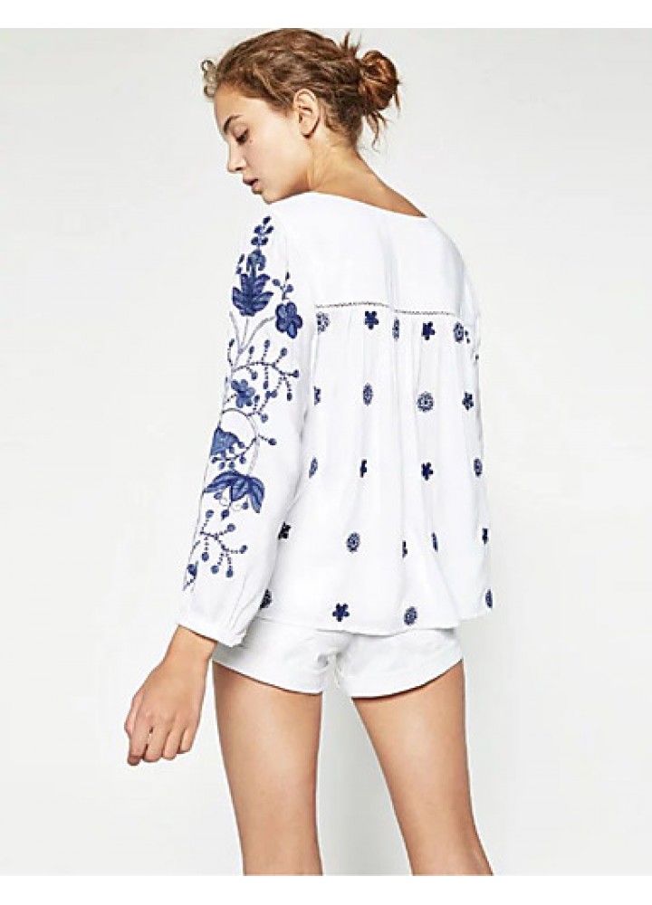Women's Casual/Daily Simple Spring ShirtEmbroidered Round Neck Long Sleeve White Cotton / Polyester Medium