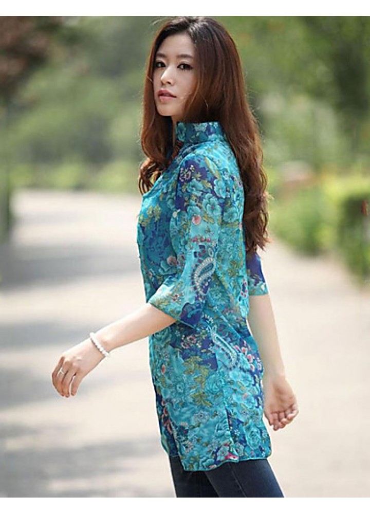 Women's Casual/Daily Boho Summer Blouse,Floral Stand ? Sleeve Blue Polyester Thin