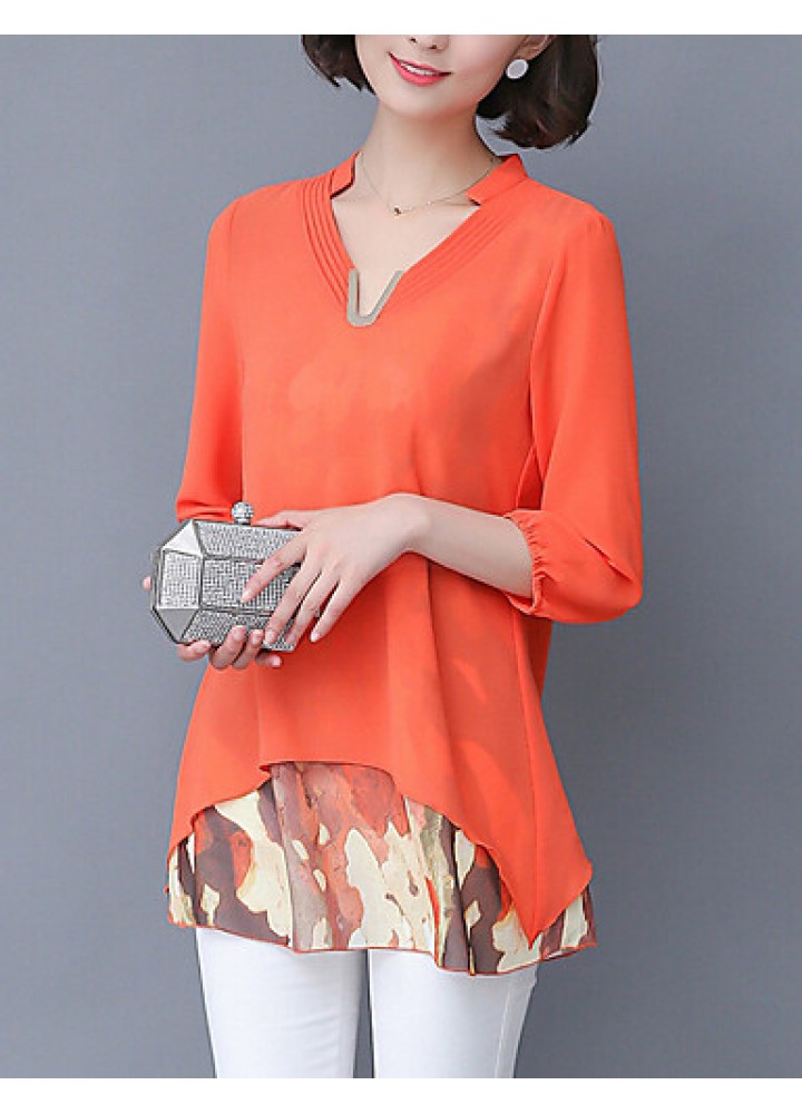 Women's Print Blue / Green / Orange Blouse,V Neck ? Sleeve