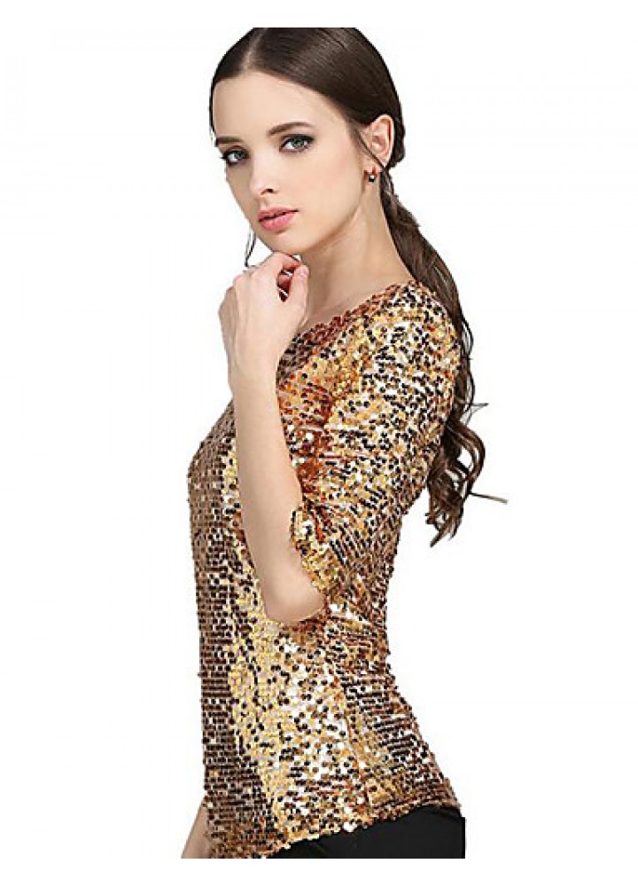 Women's Solid Gold Sequins Club Casual Street chic Plus Size All Match T-shirt,Round Neck ? Length Sleeve