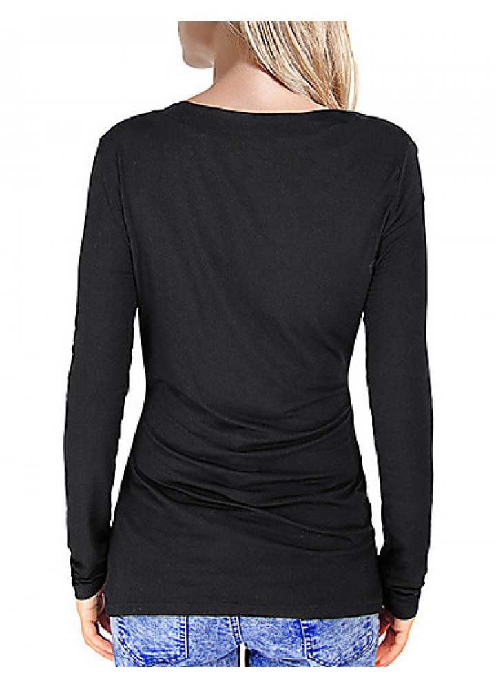 Women's Casual/Daily Vintage All Seasons T-shirt,Solid Cowl Long Sleeve Red / Black Polyester Thin