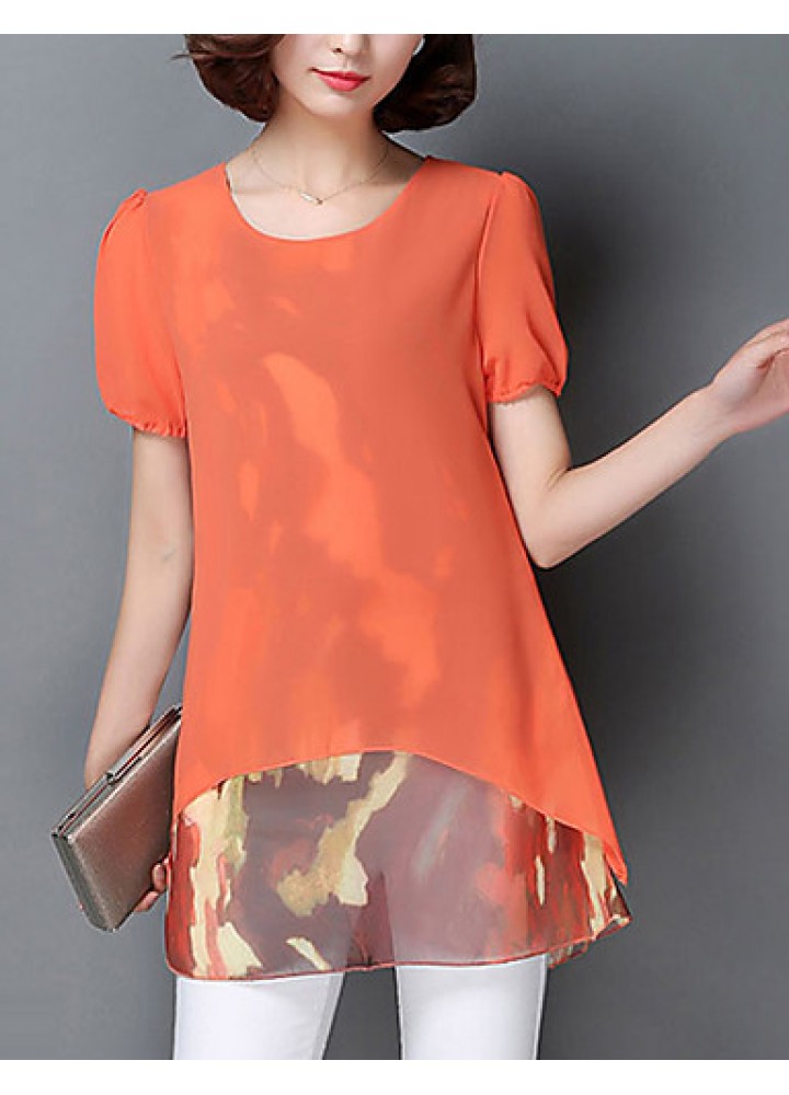 Women's Print Blue / Black / Orange Blouse,Round Neck Short Sleeve