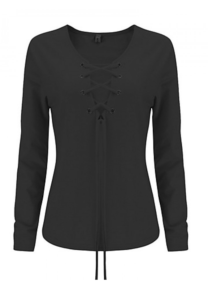 Women's Going out Sexy / Street chic Fall / Winter T-shirt,Solid V Neck Long Sleeve Red / White Gray Rayon Thin